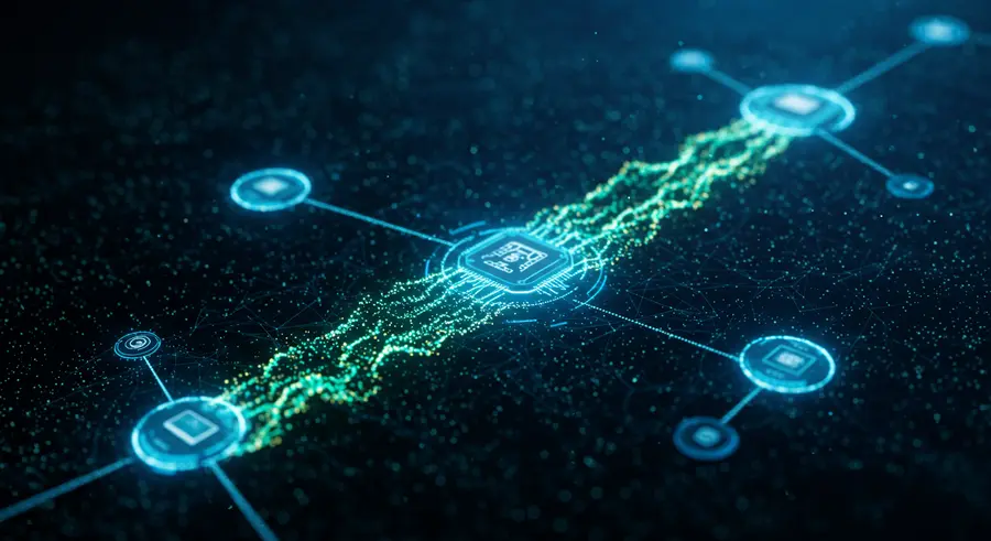 Abstract representation of edge computing nodes communicating and reaching consensus