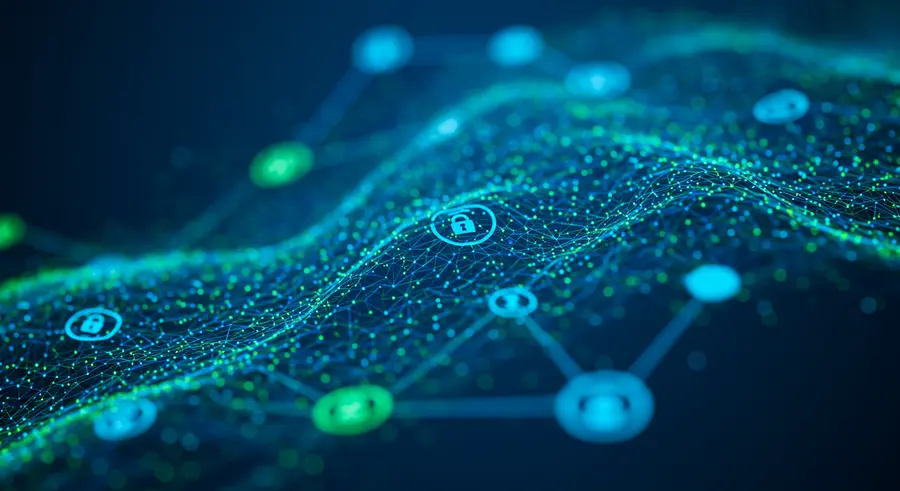 Abstract representation of interconnected IoT devices forming a secure network, achieving consensus, with data flowing securely, with a blue and green color scheme.